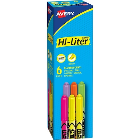 Avery Highlighters, Pen Style, Smear Safe, Chisel Point, 6/PK, AST 6PK AVE23565
